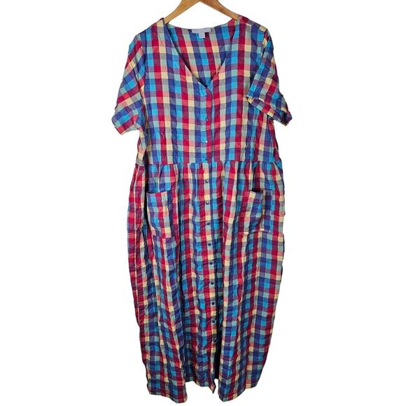 Only Necessities Dresses & Skirts - Only Necessities cotton dress size 18 snap front check pattern blue pink yellow